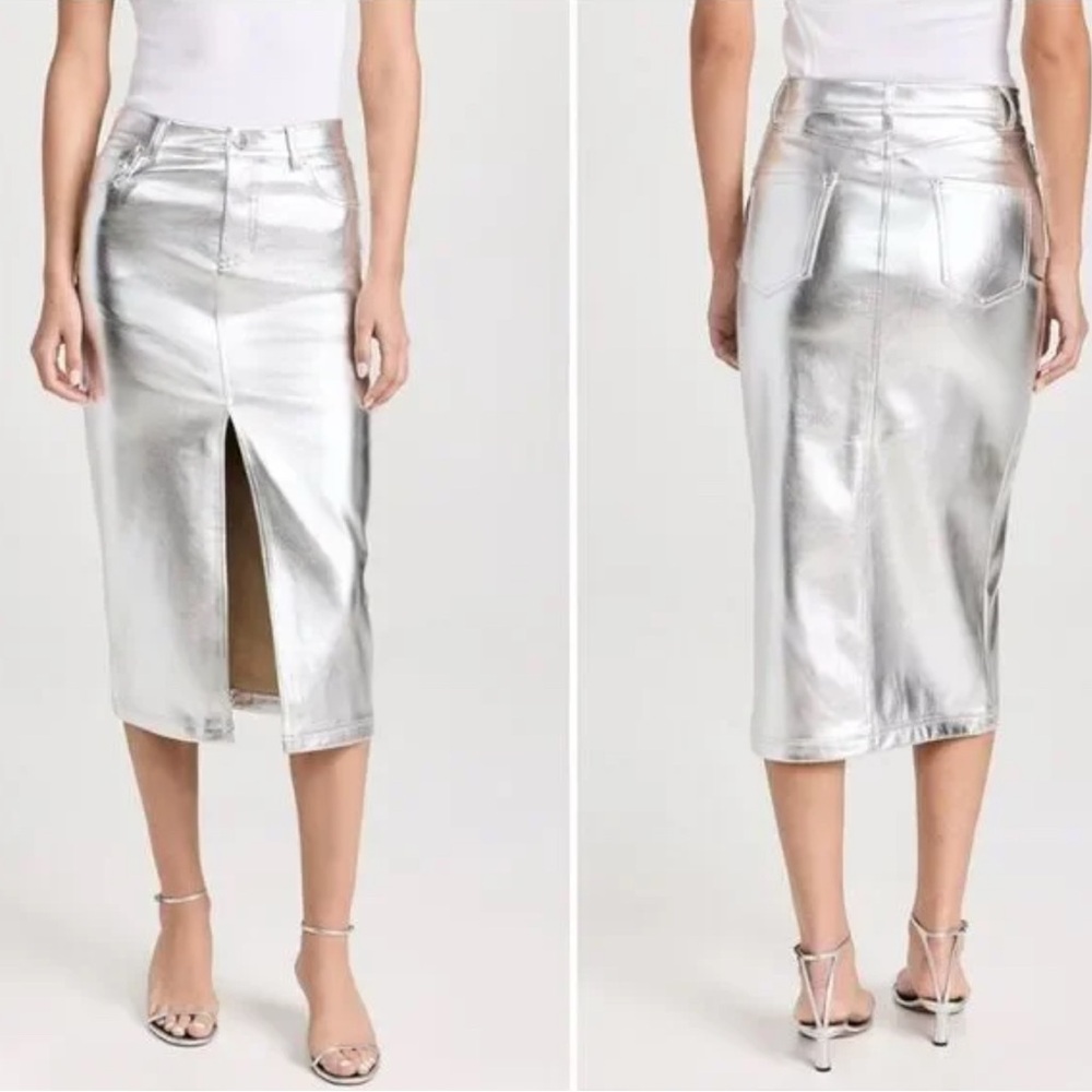 7 For All Mankind Metallic Silver Midi Skirt
